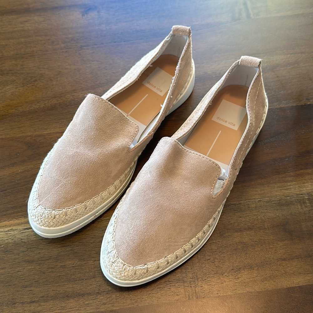 Dolce Vita suede slip on loafer with woven details.